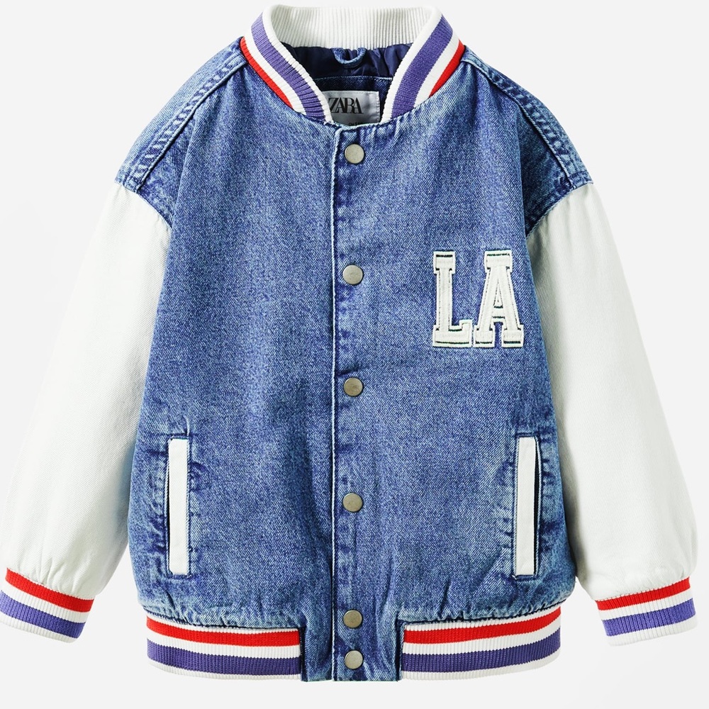 ZARA PADDED DENIM VARSITY JACKET. Kids jacket; size 7